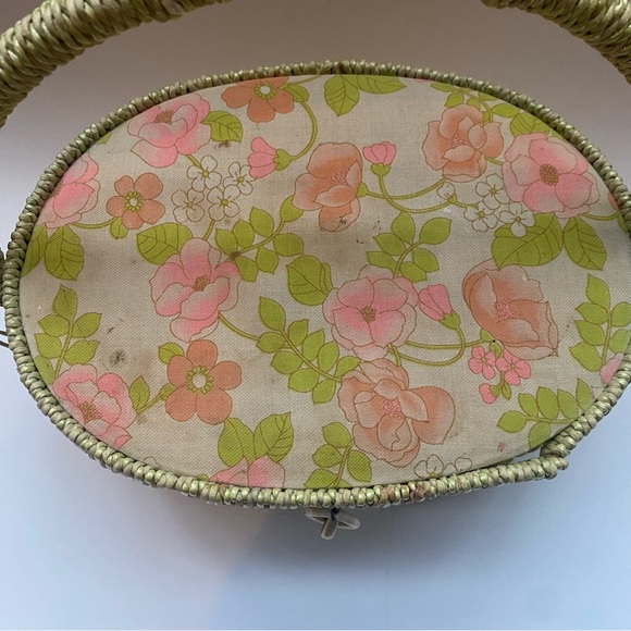 Vintage Dritz Scovill floral sewing oval basket container green pink tan - Picture 2 of 13